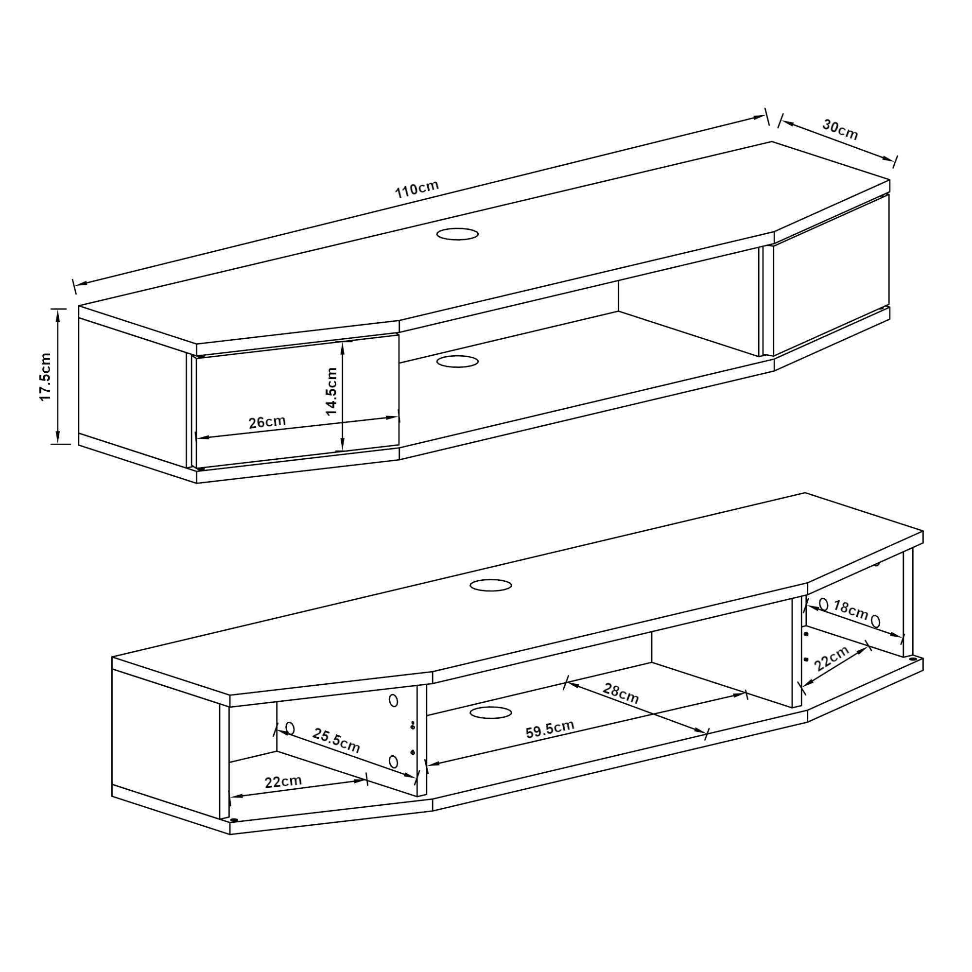 [en.casa] Mensola TV Sospesa a Muro Consolle Porta TV e Centri Multimediali Mobile da Parete 2 Ante Scomparto e Fori Passacavi 17,5 x 110 x 30 cm Nero
