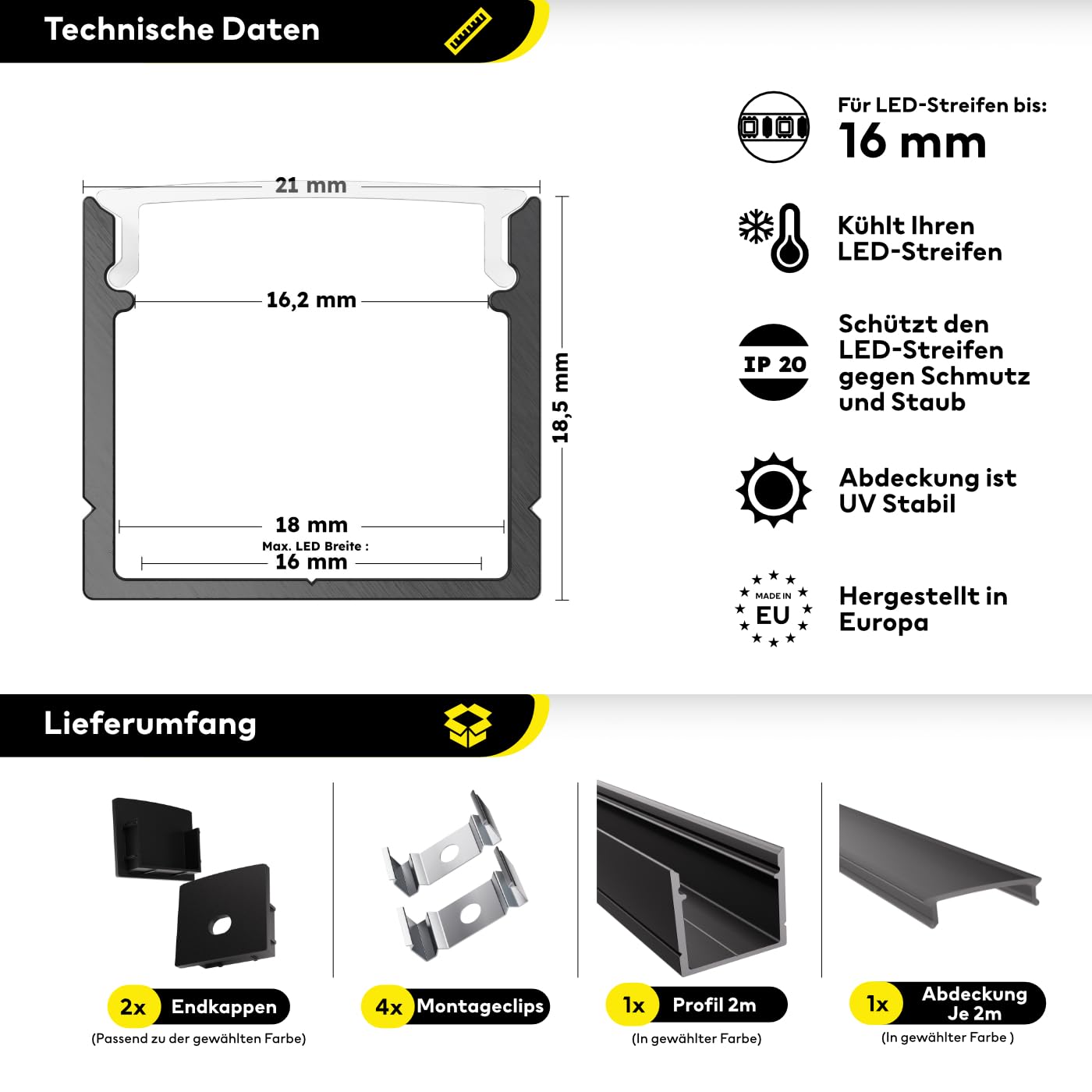 Profil LED de montage en surface noir - 2000 x 21 x 18,5 mm pour bandes LED larges jusqu'à 16 mm (par exemple pour Philips Hue) + couvercle noir + accessoires