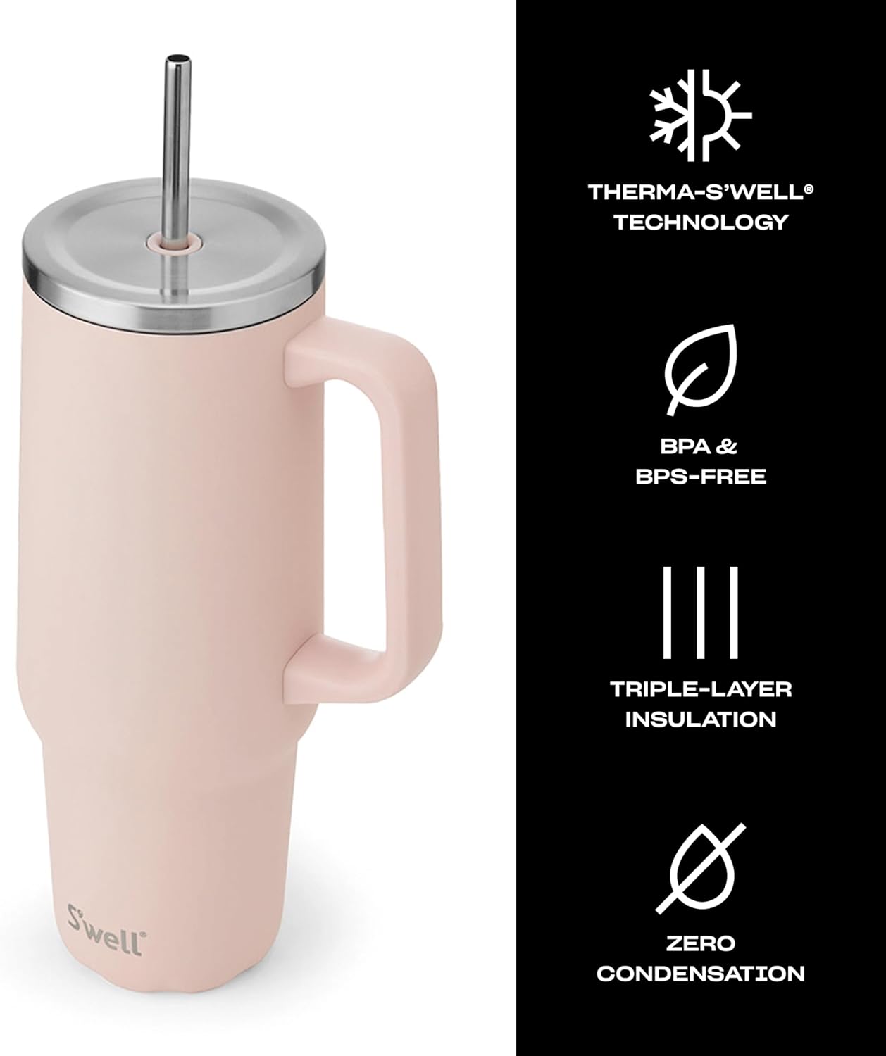 S'well Recycled Stainless Steel Tumbler XL with Straw and Handle, 40oz, Himalayan Salt, Triple Layered Vacuum Insulated Containers Keeps Drinks Cold for 50 hours and Hot for 10 - Image 3