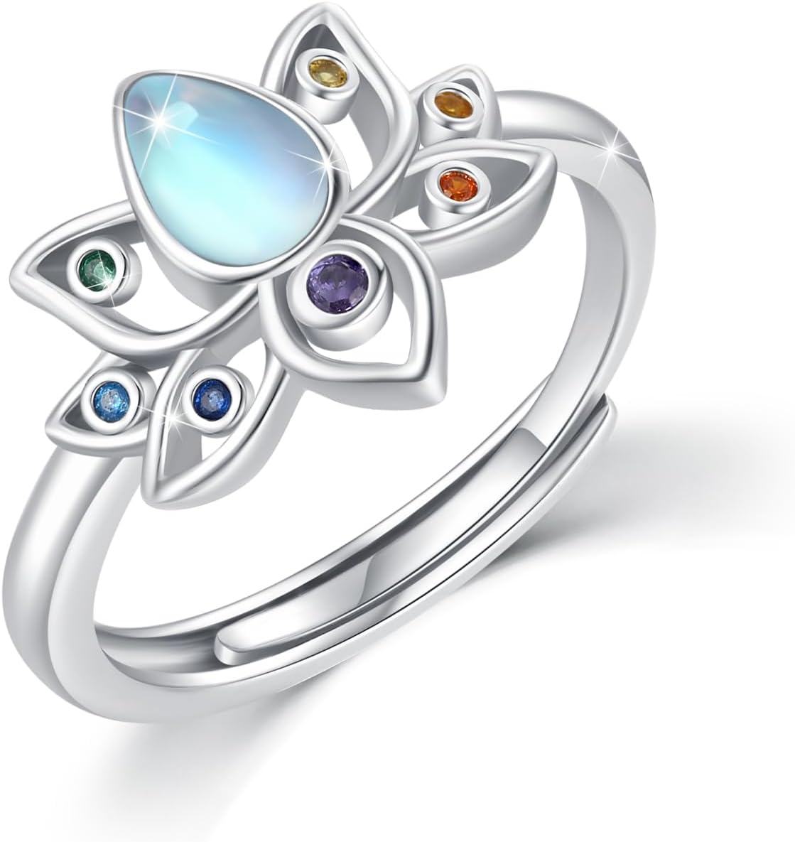 Moonstone Lotus Ring for women S925 Sterling Silver Lotus Flower Chakra Ring Yoga Adjustable Protecting Jewelry Gifts for Birthday Christmas #7# 8# 9