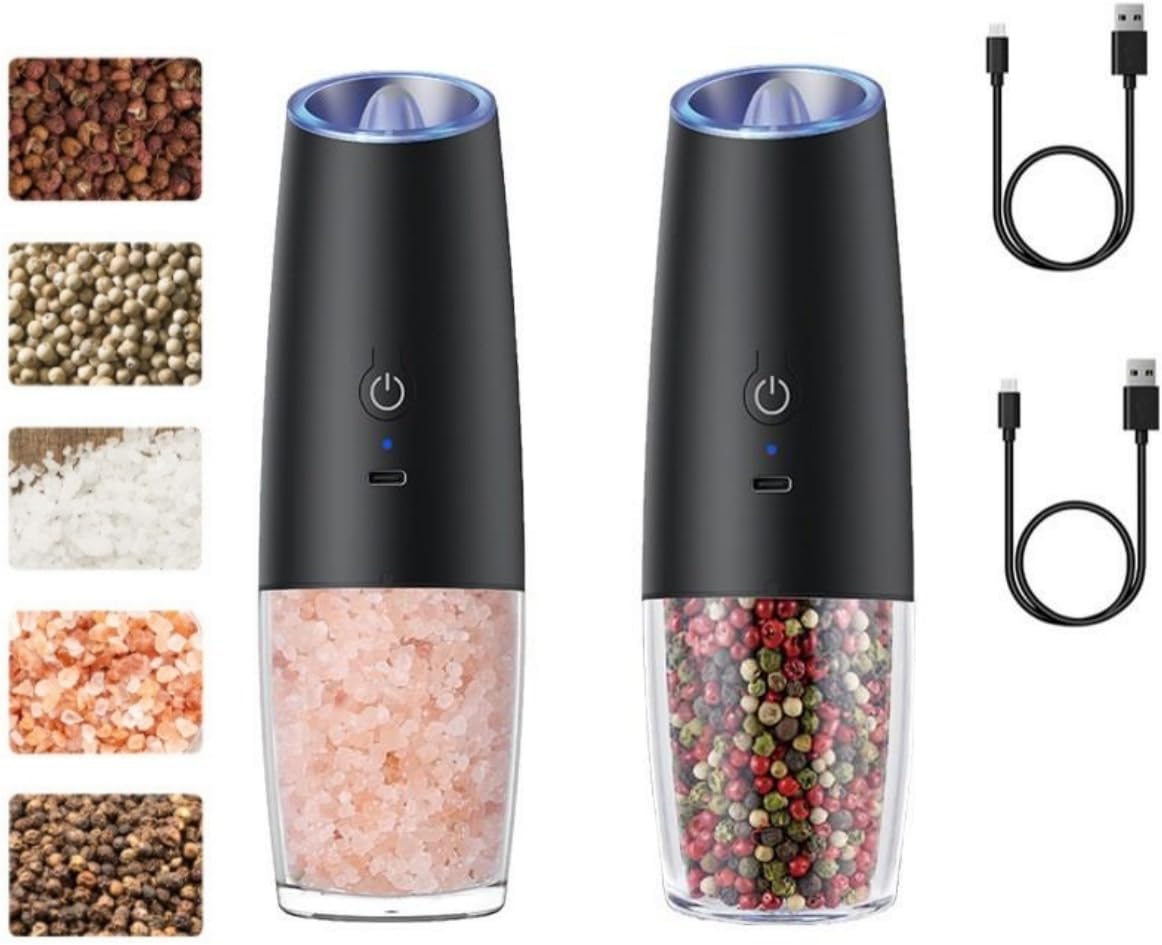 HAWAII Electric Salt and Pepper Grinder Set, USB Rechargeable Salt and Pepper Mill Grinder, Adjustable Coarseness Automatic Grinder, LED Light, One Handed Operation (2 Pack)