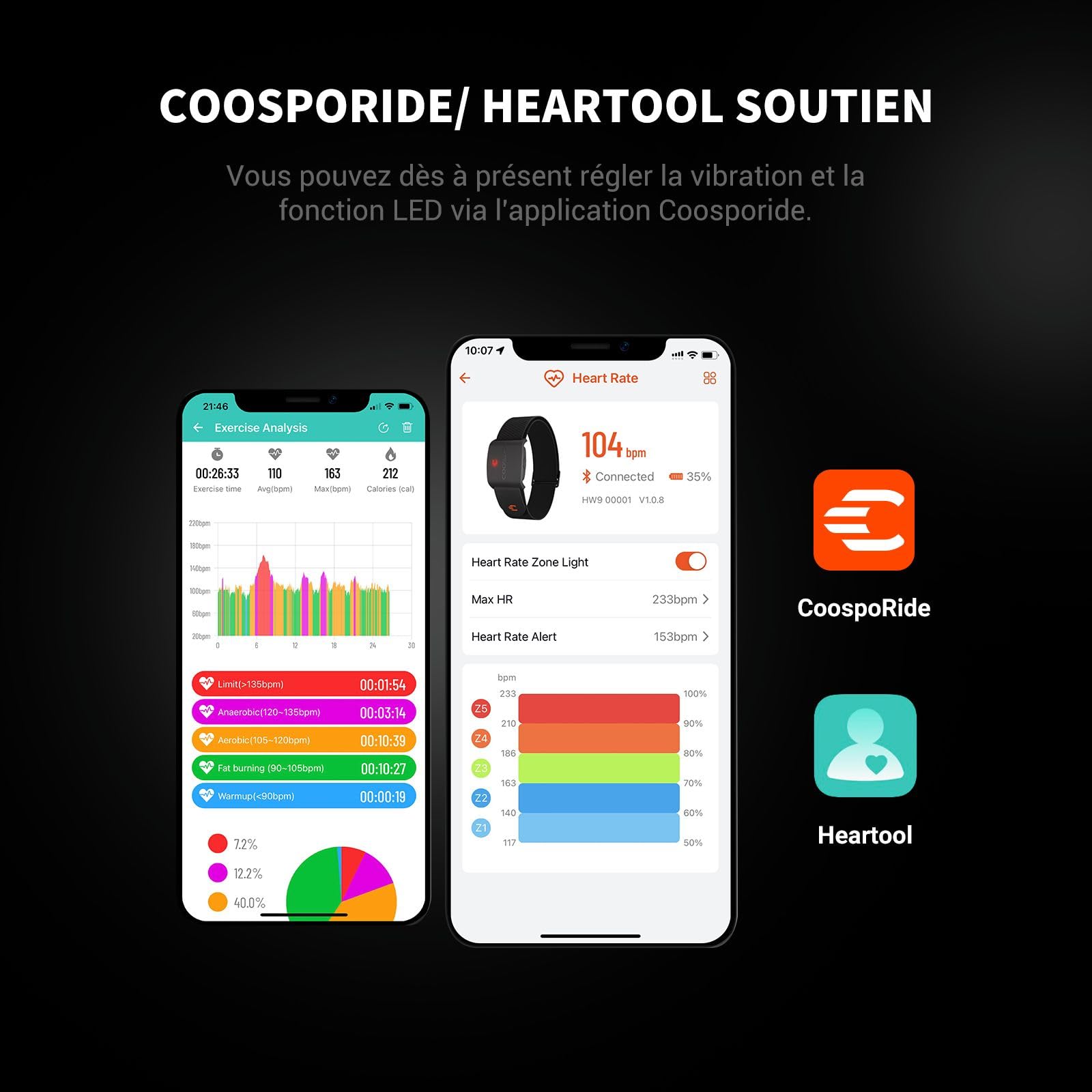 COOSPO HW9 Fréquence Cardiaque Brassard Bluetooth 5.0 Ant+ Capteur LED Smart HRM IP67 Étanche Compatible Wahoo Zwift Strava Elite HRV