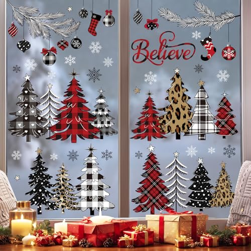 decalmile Weihnachten Fensteraufkleber Weihnachtsbaum Fenster Abziehbilder Rot Schwarz Karo Weihnachtsbaum Schneeflocke Anti-Kollision Fensterfolie Statische Aufkleber Kinder Glas Weihnachtsdeko