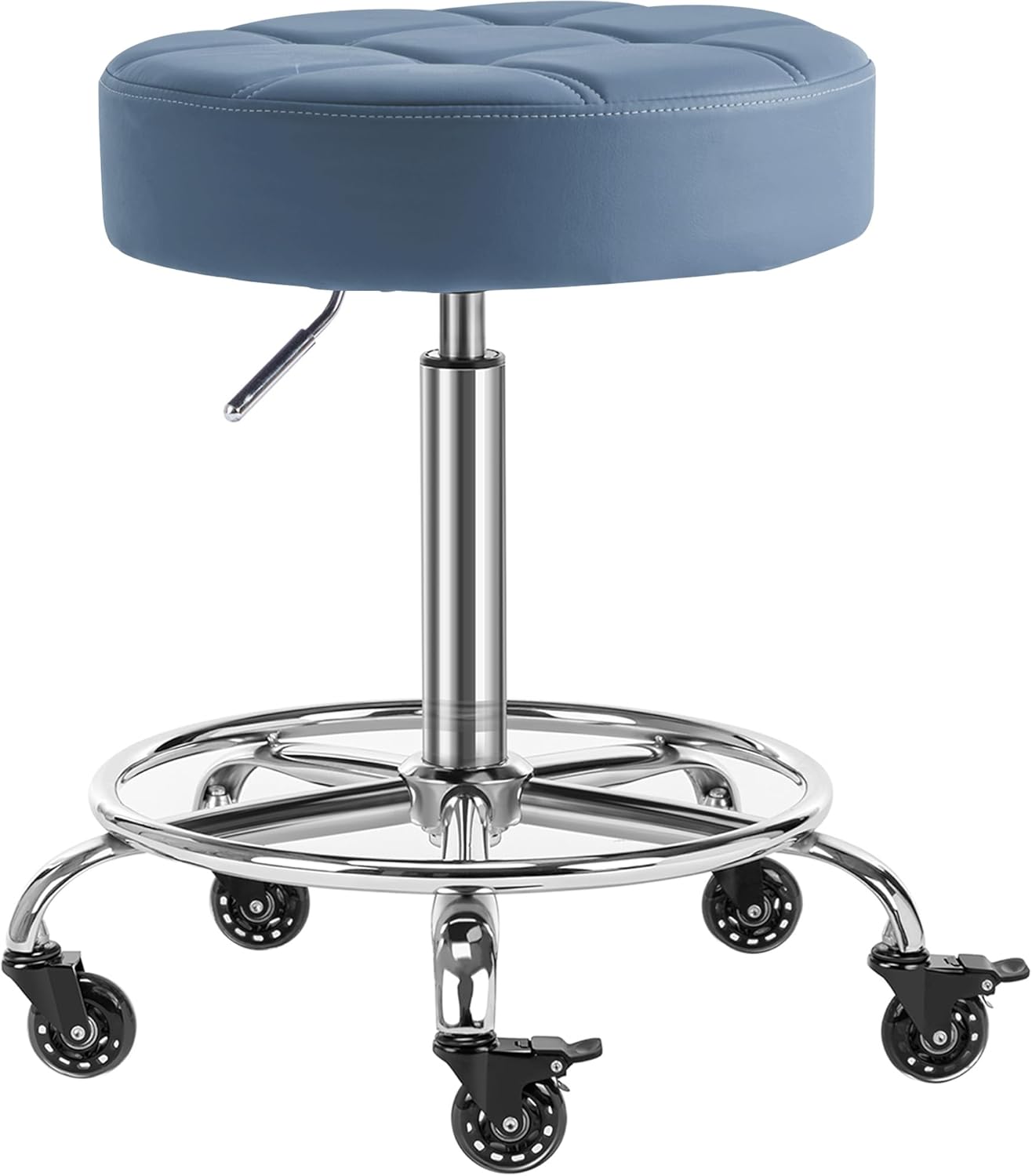 Lockable Rolling Stool with Noiseless Rubber Wheels & Footrest - Adjustable Swivel Stool Chair for Kitchen, Medical, Workshop, Salon, Tattoo, Office (Blue, 20"-27")