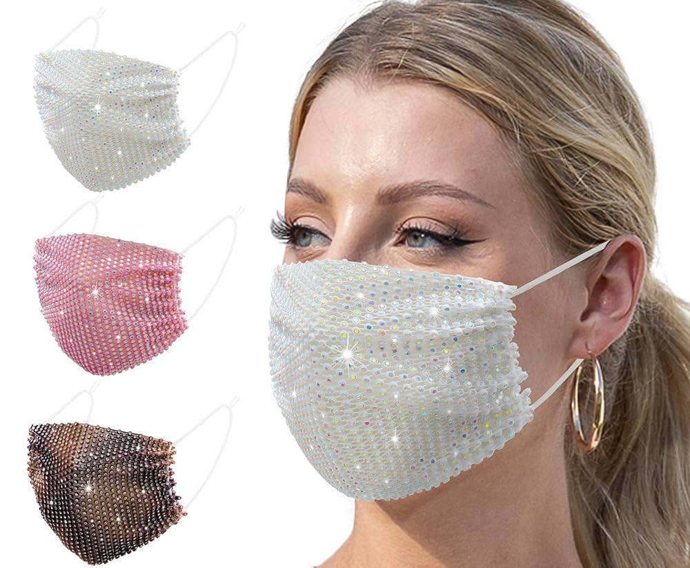 Auriviz 3 Pcs Multi Color Inlaid with Sparkling Crystals and Rhinestone Womens Mesh Face Mask Christmas Halloween Facial Coverings Birthday Gift for Teenage Girl Halloween Birthday Party Decorations