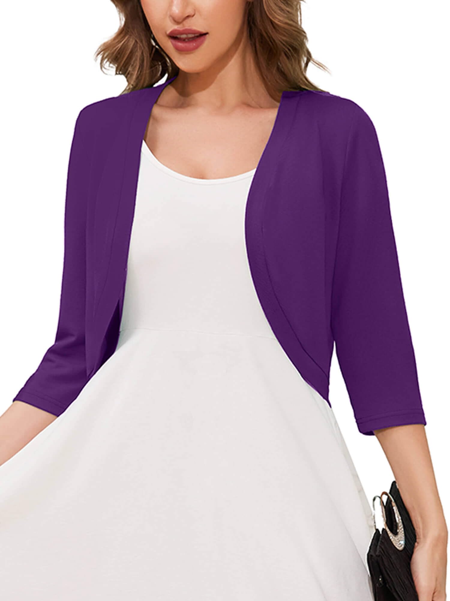 Women's 3/4 Sleeve Open Front Cardigan V-Neck Knit Cropped Bolero Shrug Sweater for Women
