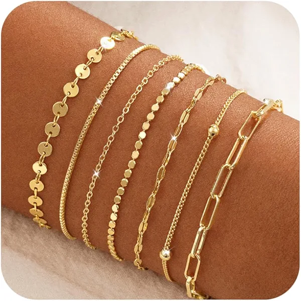 BERISO Gold Bracelets for Women Gold Chain Bracelet Sets for Women 14K Gold Plated Dainty Link Bracelets Stackable