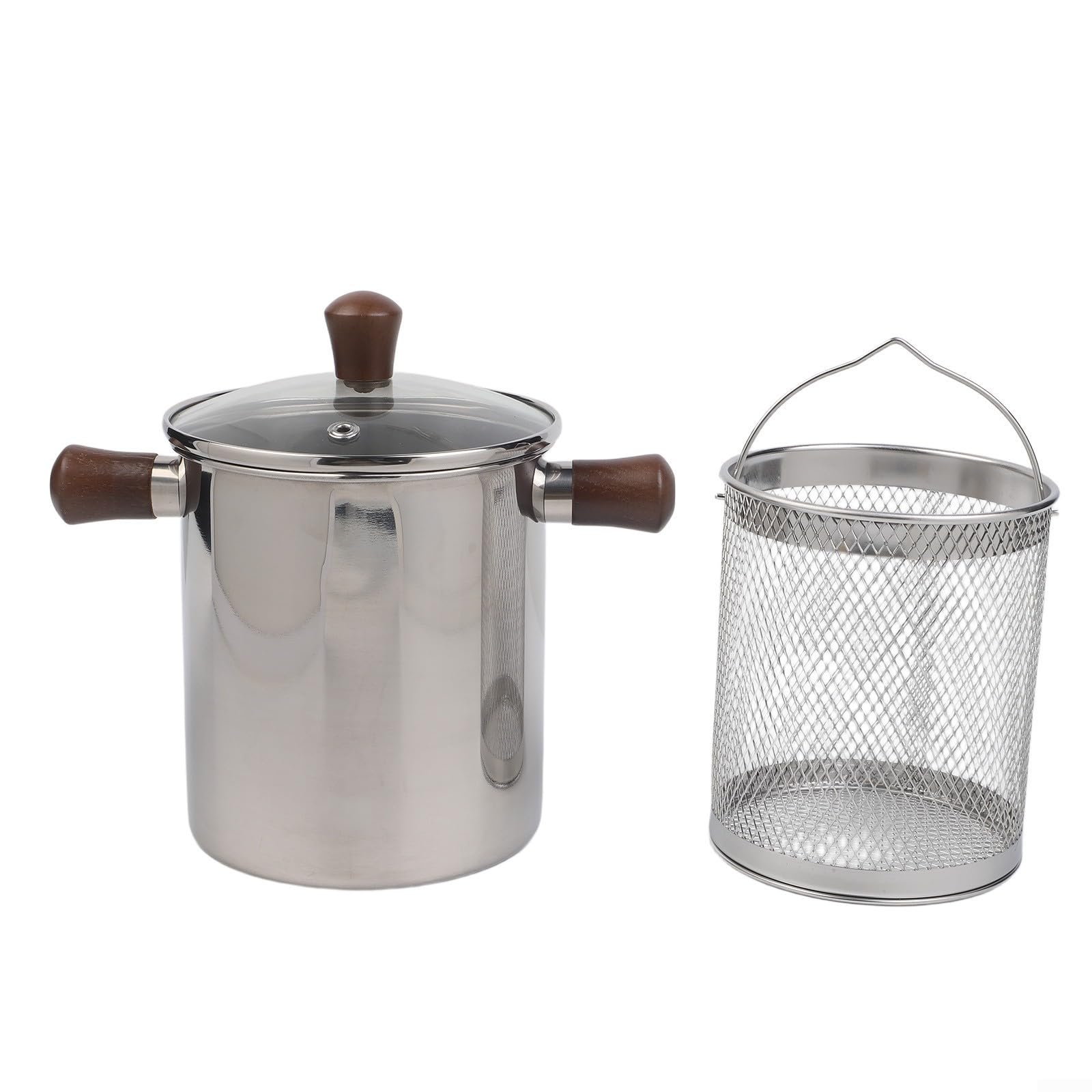 Freidora de Aceite para acero 304 Mango para madera Nuez 2.0L Base Antideslizante para Frituras Caseras Cocina para versátil(B-2L)