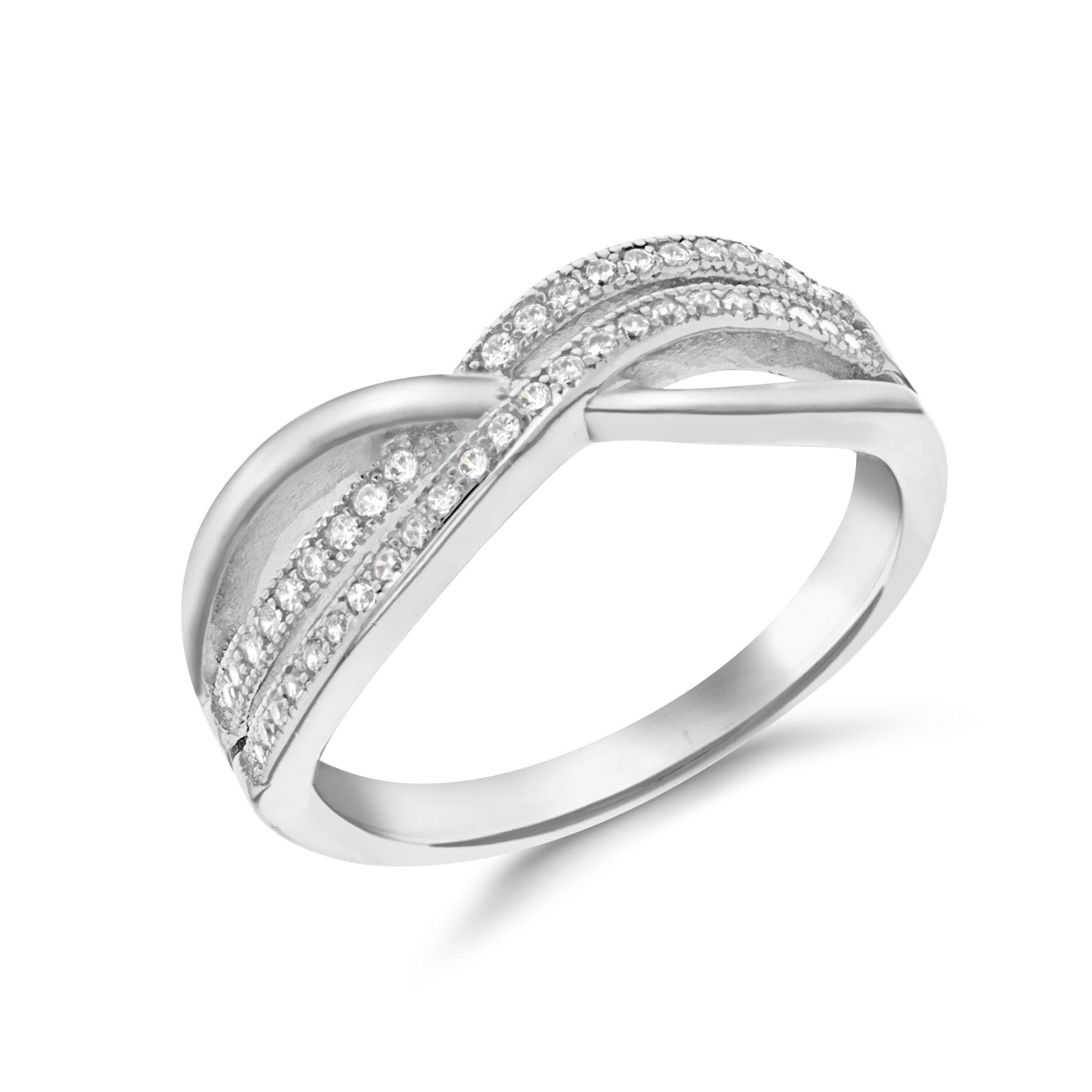 Amazon Essentials Women's Sterling Silver Rhodium Plated Cubic Zirconia Double Crossover Ring #L