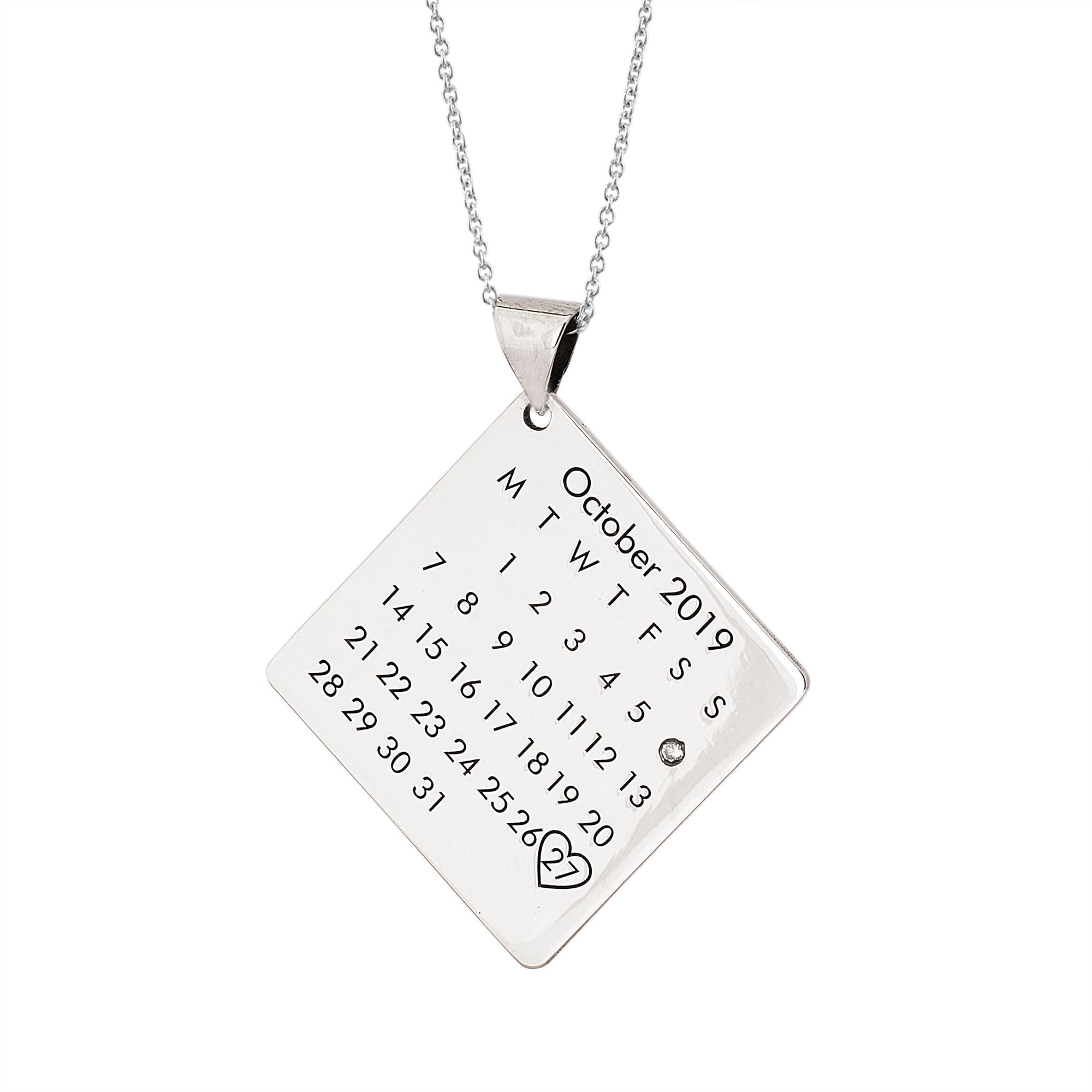 Calendar Necklace with Birthstone. Silver Wedding Date Necklace. Customized Calendar Anniversary Necklace. Personalised Calendar Necklace.