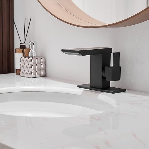 BESy Black Brass Bathroom Faucet Waterfall Single Handle Single Hole 1 Hole Bathroom Sink Faucet with 6'' Deck Plate，Rv Lavatory Faucet with Supply Lines, Solid Brass / Matte Black Finish
