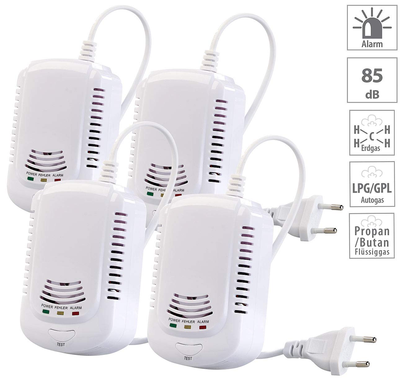 VisorTech Gas Detektoren: 4er-Set Multi-Gasmelder für haushaltsübliche Gase, mit 3 LEDs, 85 dB (Gaswarnanlage, Gaswarner)