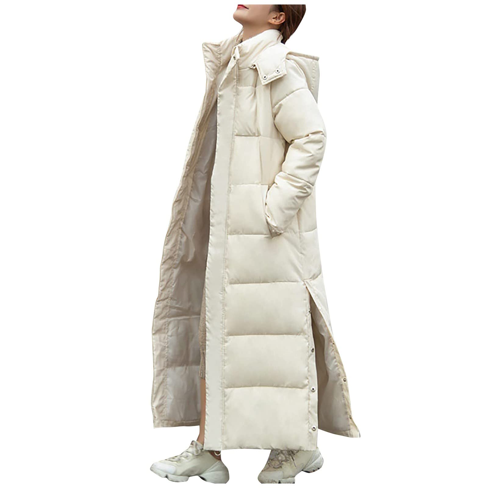 Daunenmantel Damen Lang Mantel Warm Winter Daunenjacke Elegant Mit Taschen Wintermantel Einfarbig Damen-Mäntel Langarm Puffer Jacke Winddicht Winterparka Mit Kapuze Parka Mit Reissverschluss