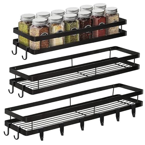 Purpledi 3 Piezas Estante Organizador de Cocina con 12 Ganchos sin Taladro, Estanterías para Especias de Acero Inoxidable