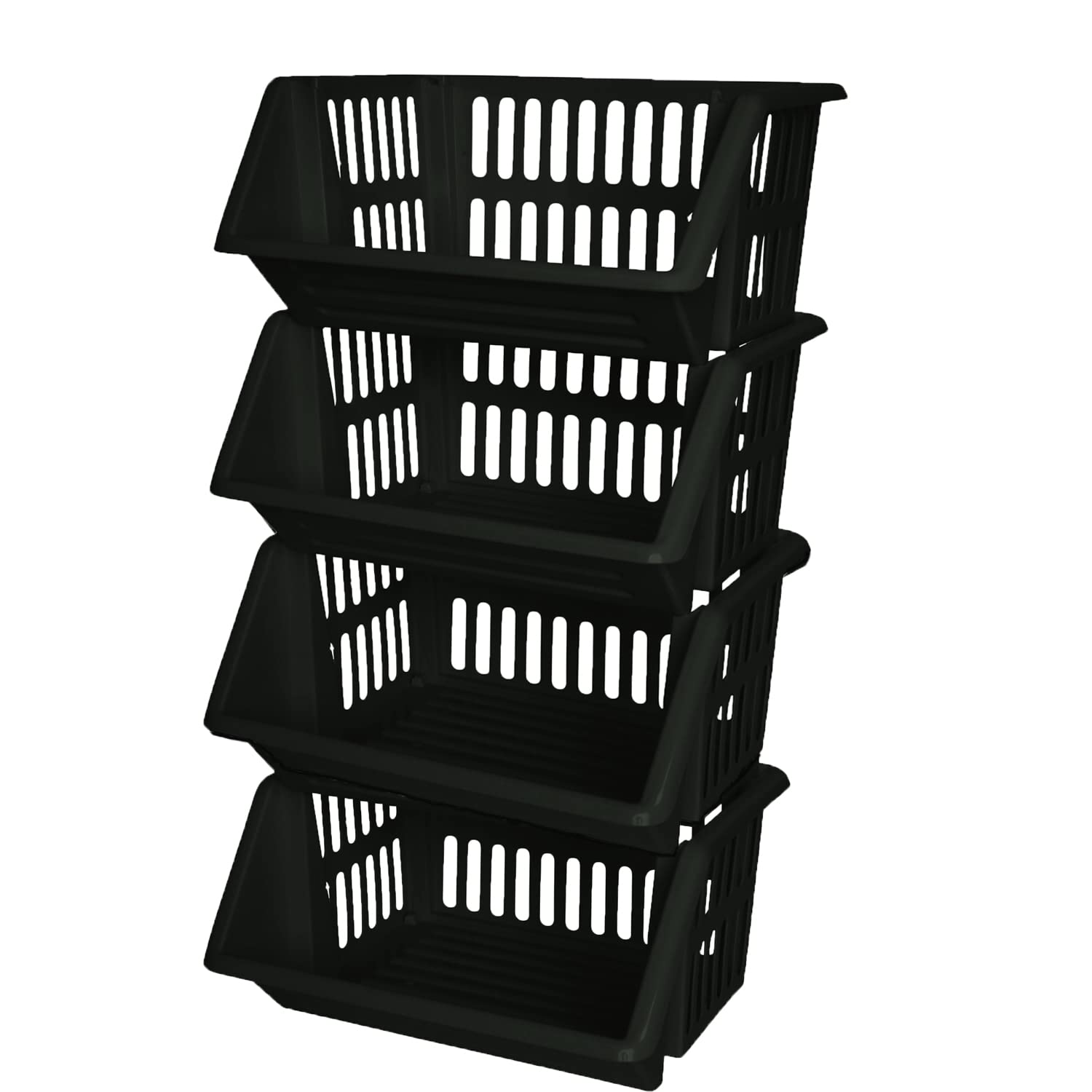 ZARVICZONIA Large Stacking Storage Baskets Veg Rack, Durable Plastic Stackers, Dimensions: 36 cm (L) x 30 cm (D) x 17.5 cm (H) (Black, Pack of 4) — image 1
