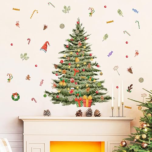 Runtoo Calcomanías de pared para árbol de Navidad, adornos de Feliz Navidad, Papá Noel, para ventana, extraíble, bricolaje, decoración de pared,