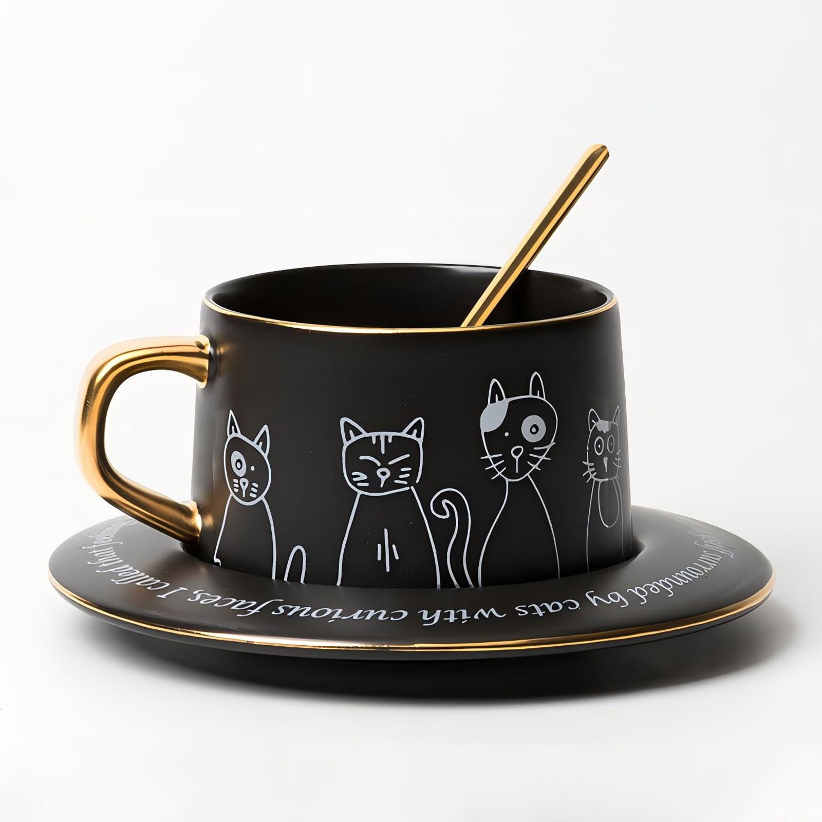 Ceramic Cat Design Coffee Cup and Saucer Set, Black Mug With Plate, Classic Cup for Milk, Juice, Latte, Tea, Cappuccino, Mocha