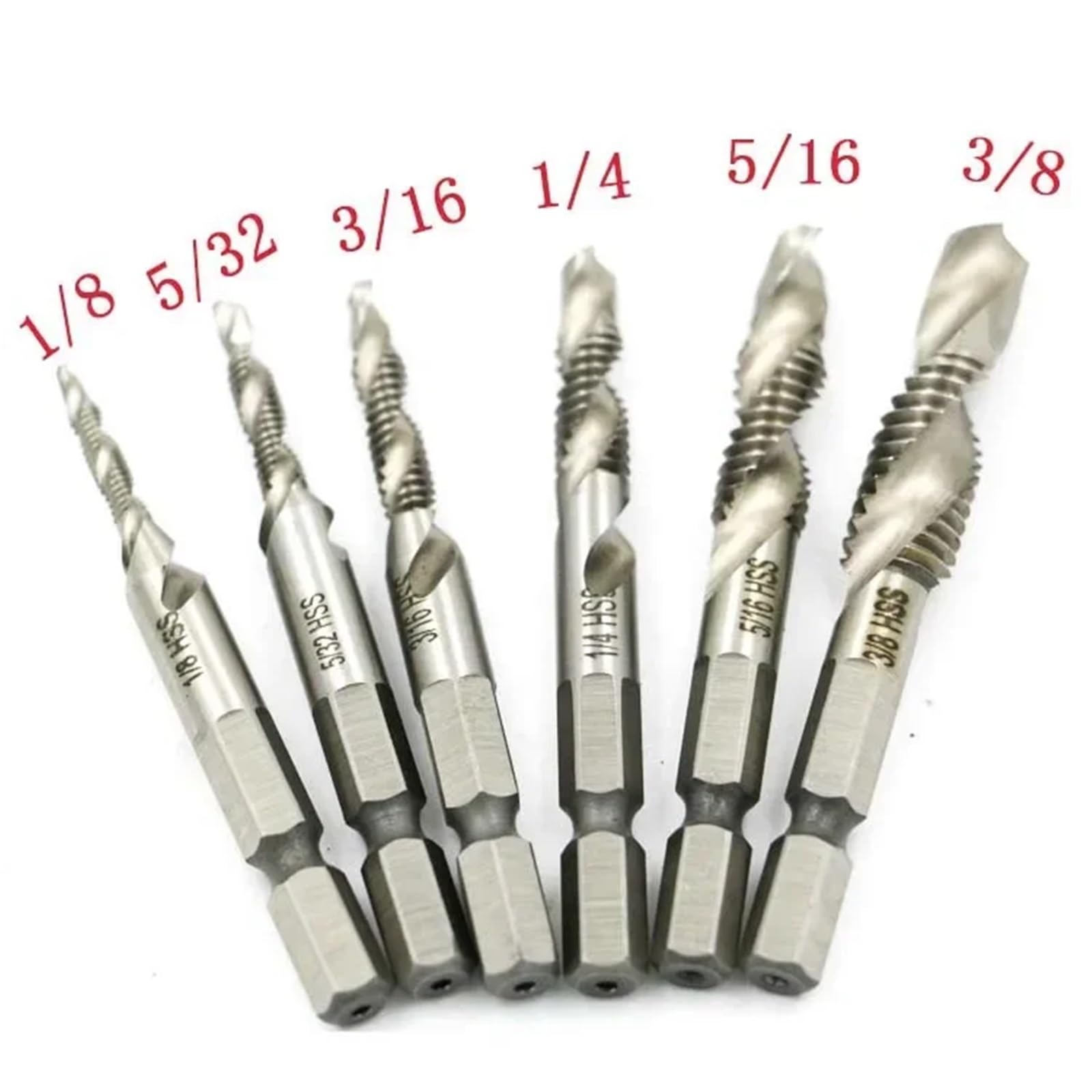 Set di 6 Punte per maschiatura combinata HSS con Filettatura da 1/8-3/8 di Pollice, Punte per sbavatura e svasatura con Gambo Esagonale da 1/4 di Pollice