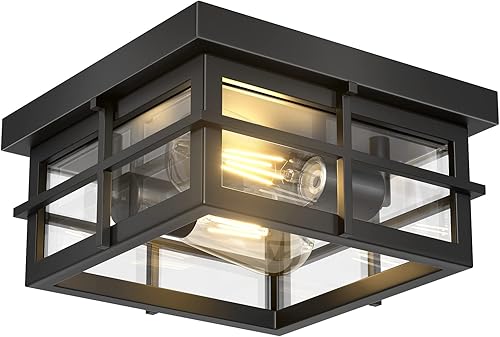 Asnxcju Modernas lámparas de techo para exteriores, 2 luces negras empotradas, montaje de techo con pantalla de vidrio transparente, iluminación de