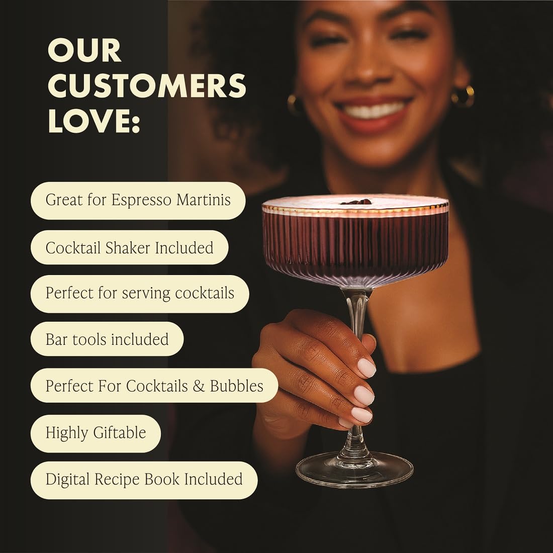Vemacity Ensemble d'outils de bar de luxe | Shaker à cocktail en verre de 425,2 g + verres à martini expresso et accessoires de cocktail dorés : cuillère, doseur (shaker à cocktail doré + verres