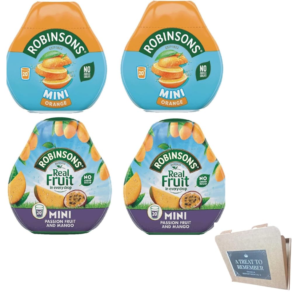 Robinsons Squash’d Mini – 2 Flavour Pack – 2 x Orange and 2x Mango & Passion – No Added Sugar – Real Fruit in Every Drop