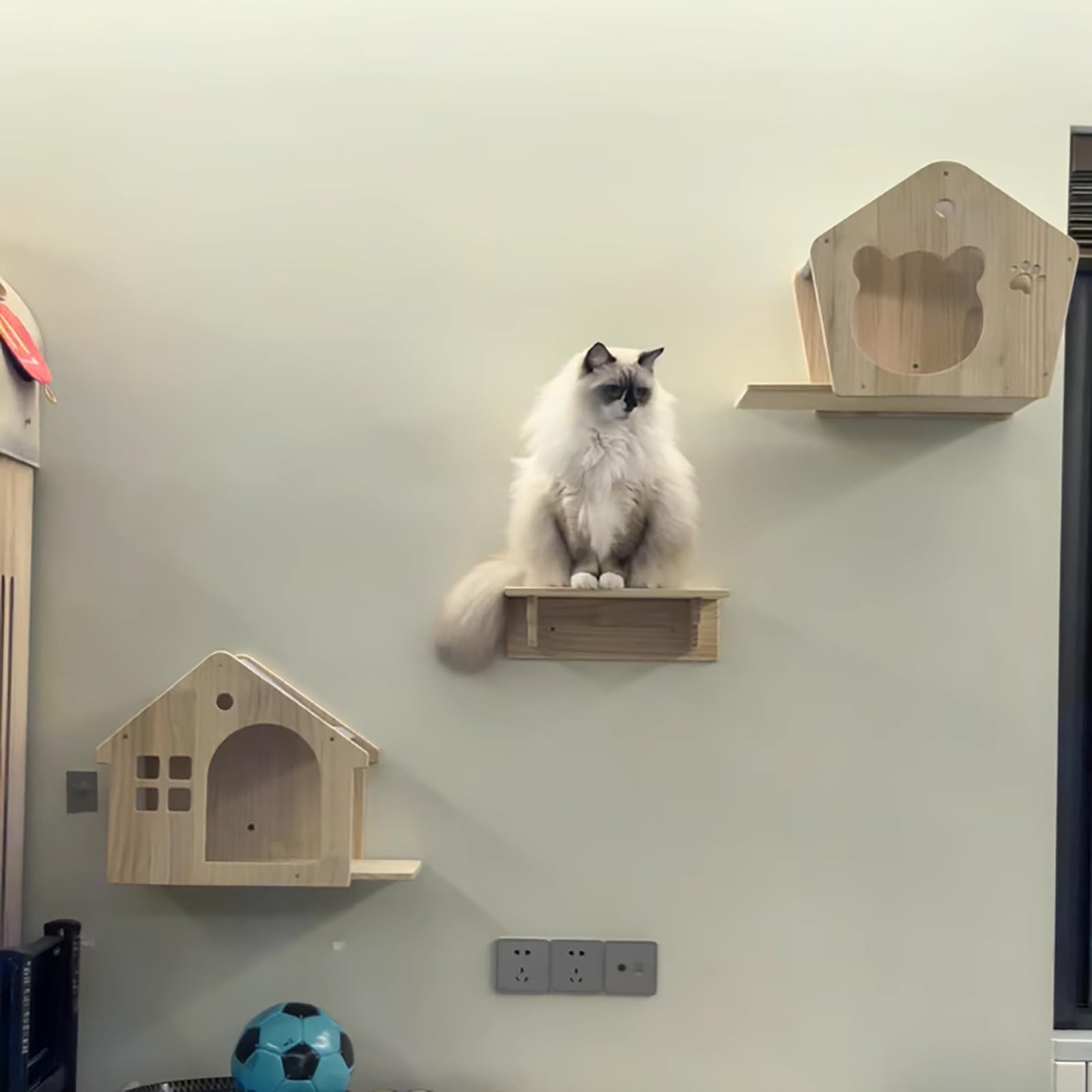 Percorso da Muro per Gatti, Mensole per Gatti, Legno di Pino, Set di Mobili, Ripiani e Trespoli per Parete, Tiragraffi per Parco Giochi con Ripiano per Arrampicata(5pcs)