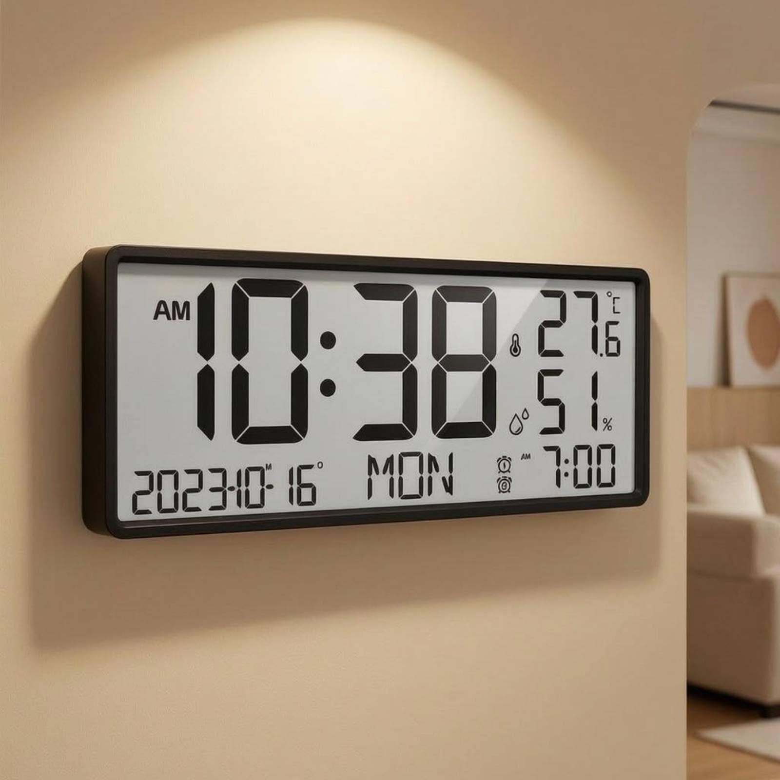 rockible Reloj de Pared Digital LCD Reloj Despertador Calendario Termómetro Higrómetro Pantalla Amplia Diseño Moderno Plástico y Vidrio con Información Diaria Apto para Hogar Estudio Trabajo, Negro