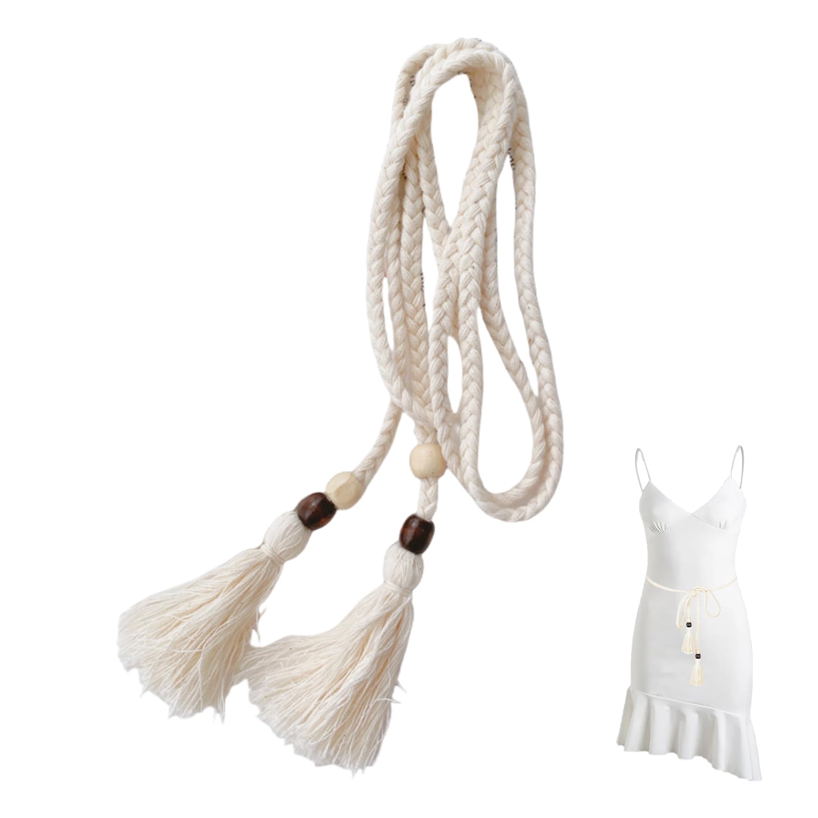 Gevlochten damesriem, 150 cm riem voor jurk, kwastjes, katoenen koord, geknoopte tailleriem, wit, boho-tailleriem, touwketting, dunne ceintuur voor rokken, T-shirts, overhemden, modieuze rokriem voor