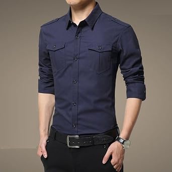 Men's Military Style Double Pocket Shirt Tactical Cargo Casual Slim Fit Shirt Work Shirt Hiking Fishing Shirts (Dark Blue,Medium)