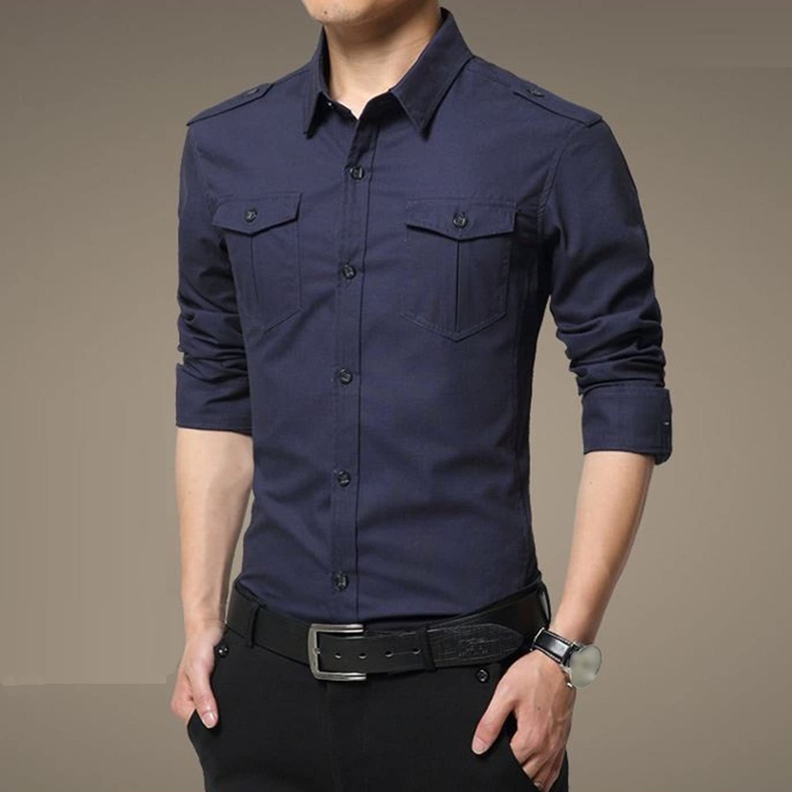 Men's Long Sleeve Button Down Shirts Turn-Down Collar Slim Fit Shirt Stylish Business Tactical Shirts with Pockets (Dark Blue,X-Large)