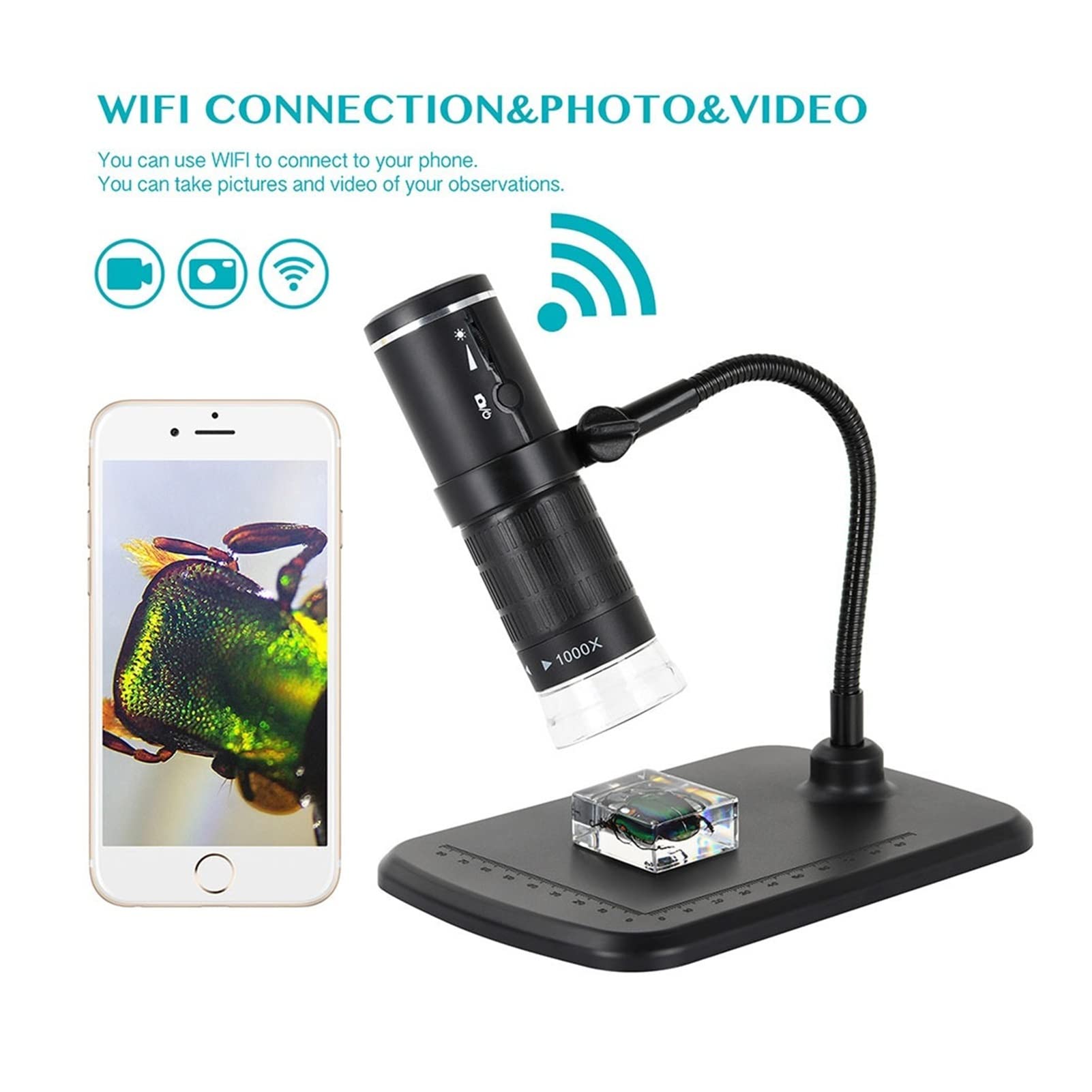 Microscopio, 1000x HD 2MP Microscopio Industrial de microscopio WiFi Digital Aumento teléfono móvil