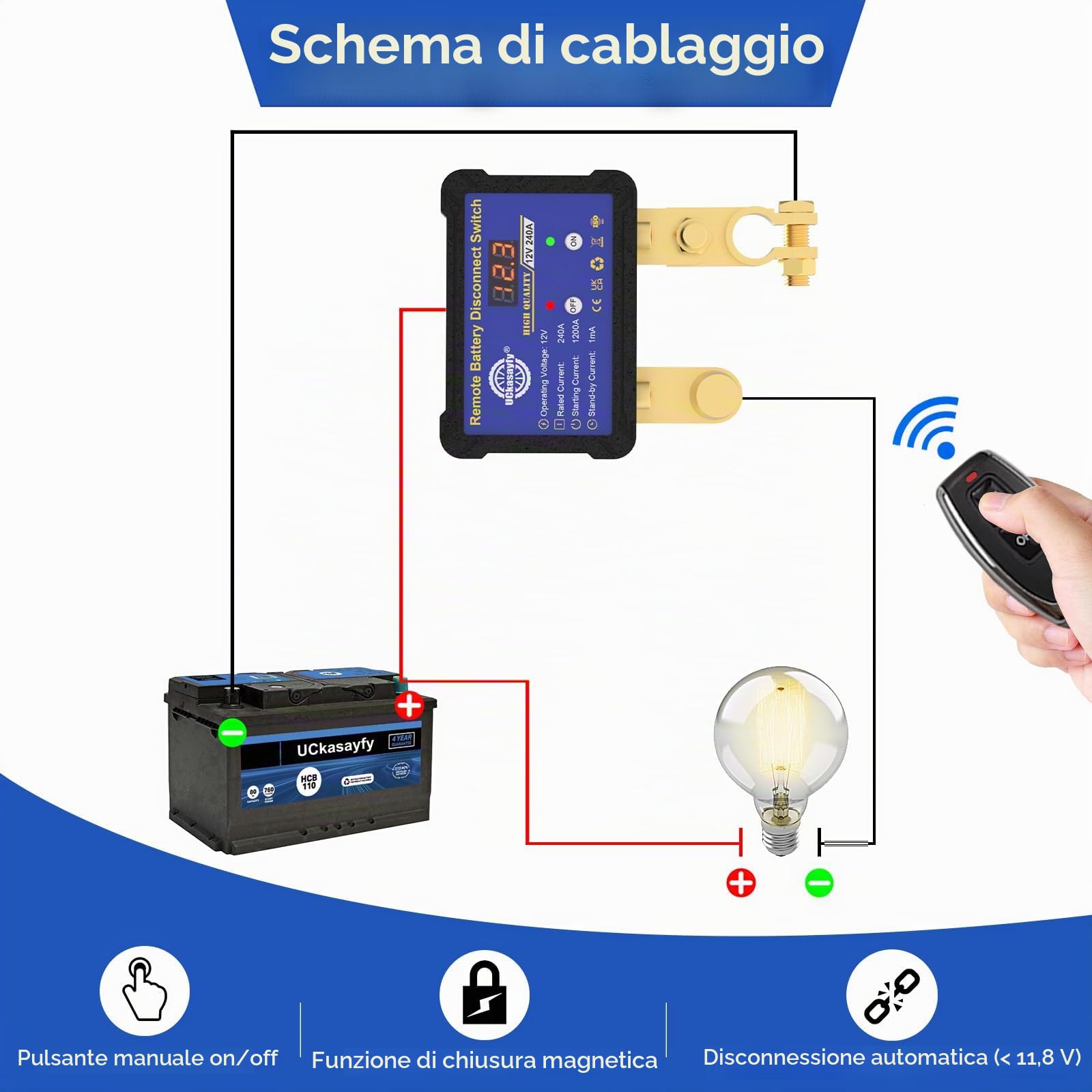 Staccabatteria telecomandato 12v 240A con indicatore di tensione a LED Interruttore antifurto per auto, camper, ATV, camion, nautica