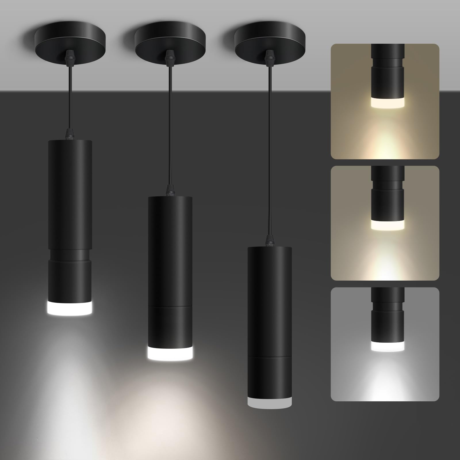 Photo 1 of OKELI Pendant Lights, Modern Black Pendant Lights Fixture,3-CCT Unique Adjustable Focus LED Pendant Lighting for Kitchen Island,20W,2700/4000k/6000K, ETL(3Pack)