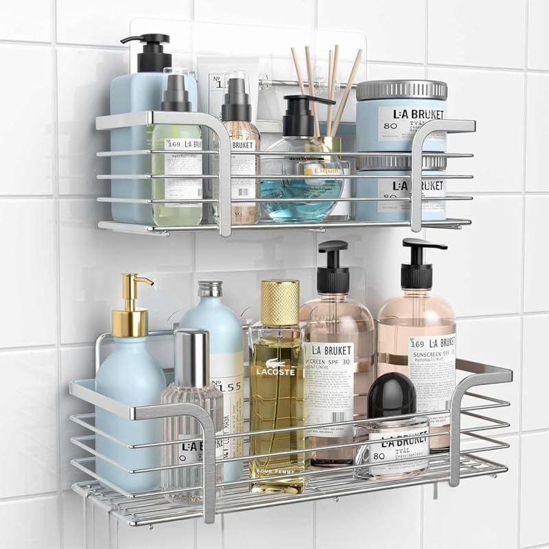 JIALTO 2 Pcs Adhesive Shower Caddy Combo – SUS 304 Stainless Steel Wall Shelf with Hooks – No Drill Rustproof Bathroom, Kitchen Organizer Rack for Toiletries, Spices, Bottles (Silver)