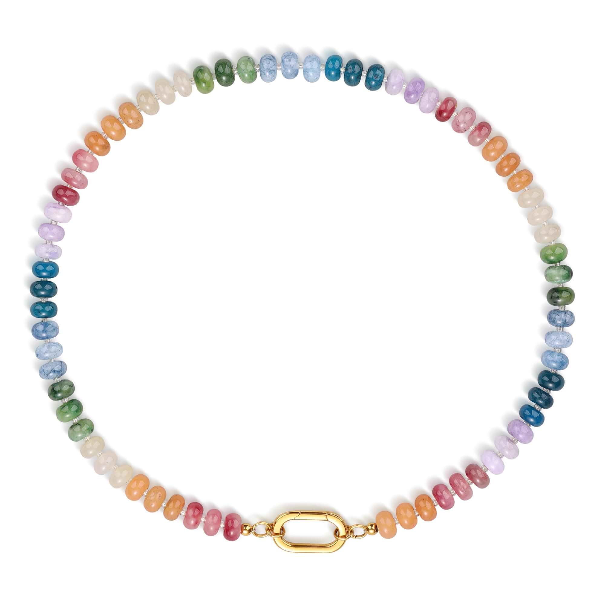 SAMYA Colorful Beaded Necklace for Women, 18" Short Beaded Choker Necklace 8x5mm Polished Beads, Rainbow Chakra-Inspired Jewelry with 22mm Gold Oval Spring Clasp