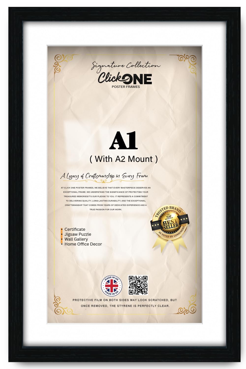 Click One A1 59.40 X 84.10 Cm Poster Frame With A2 41.90 X 59.40 Cm White Mount Solid Engineered Wood For Landscape And Portrait Display Home And Office Wall Gallery Decor 33 X 23 Inch Black