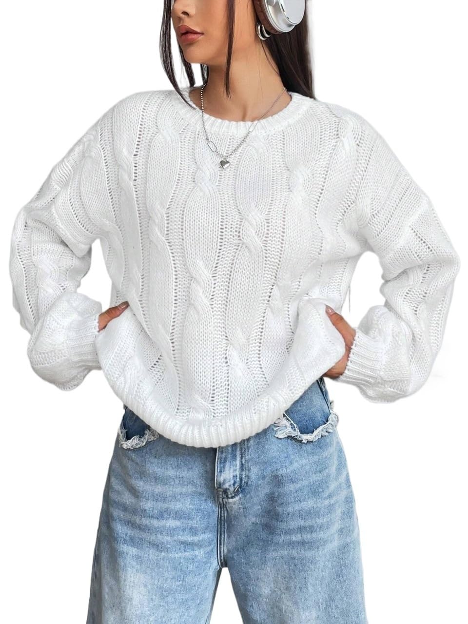 Womens Casual Pullover Fall Long Sleeve Crewneck Sweater Top Cable-Knit Drop Shoulder Winter Outfits Clothing