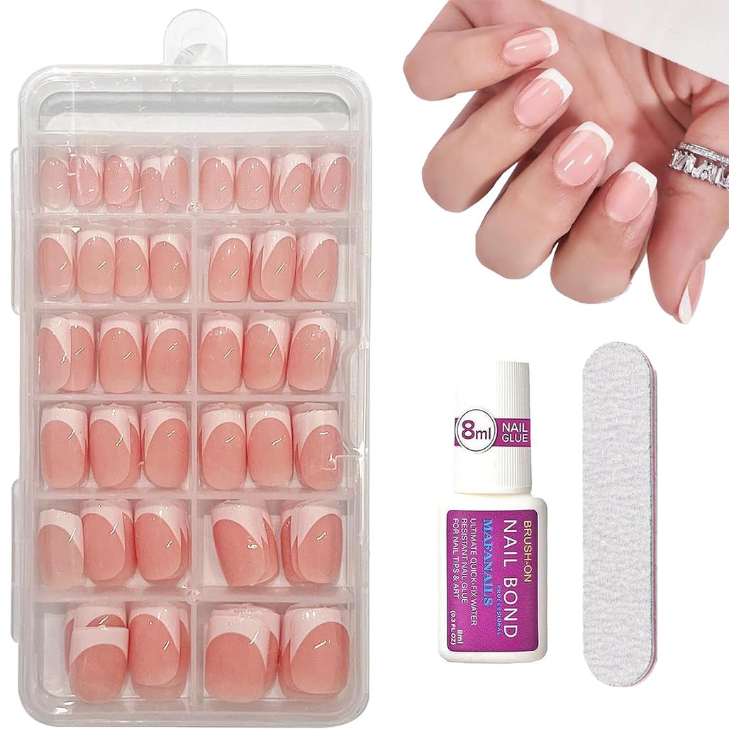 False Nails, 120 Pcs Press on Nails, French Fake Nails, Full Cover Acrylic Nails, Short Square Nude Color, French Fake Nails Stick on Nails for Women and Girls Nail Art, with Glue