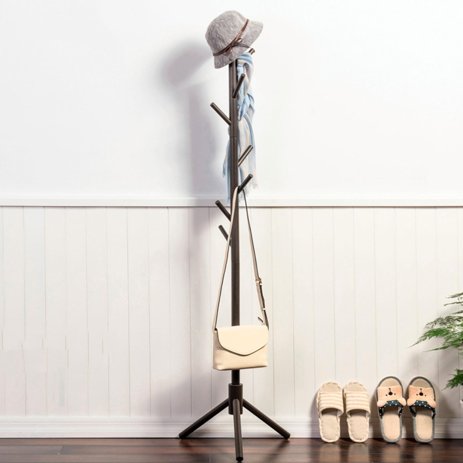 Wood Coat Rack Free Standing, Entryway Hall Tree Coat Tree with 8 Hooks Space Saving and Easy To Assemble for Clothes Hats Bags in Entryway, Bedroom, Living Room, Guest Room,45 * 45 * 175cm,C