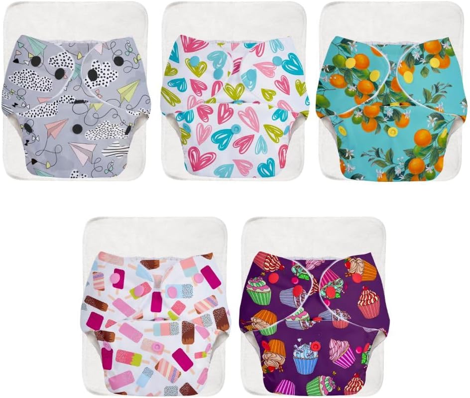 Superbottoms Basic Leakage-proof advanced cloth diapers for babies, High Absorbent 100% cotton 5 reusable diaper and 5 insert pad Combo Pack washable cloth diaper 3M -3Years Adjustable, Reduces Rash