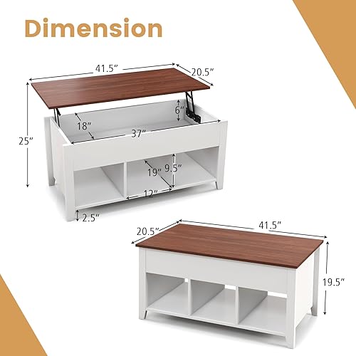 Miniatura 3 de Mesa auxiliar elevable, mesa de té moderna 2 en 1 con compartimento de almacenamiento oculto y 3 estantes de almacenamiento abiertos, mesa central