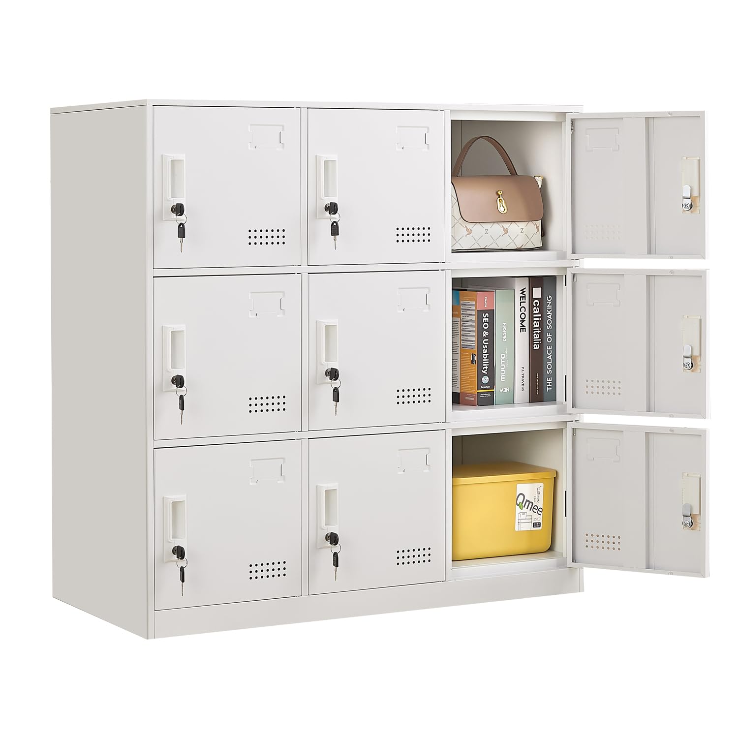 FURSTEL Student Locker Organizer, Multi-Door Steel Locker, Small Locking Cabinet Storage Organizer, Office File Cabinet, Home Locker, Gym Locker, Metal Storage Locker - Gray and White (9 Door, White)