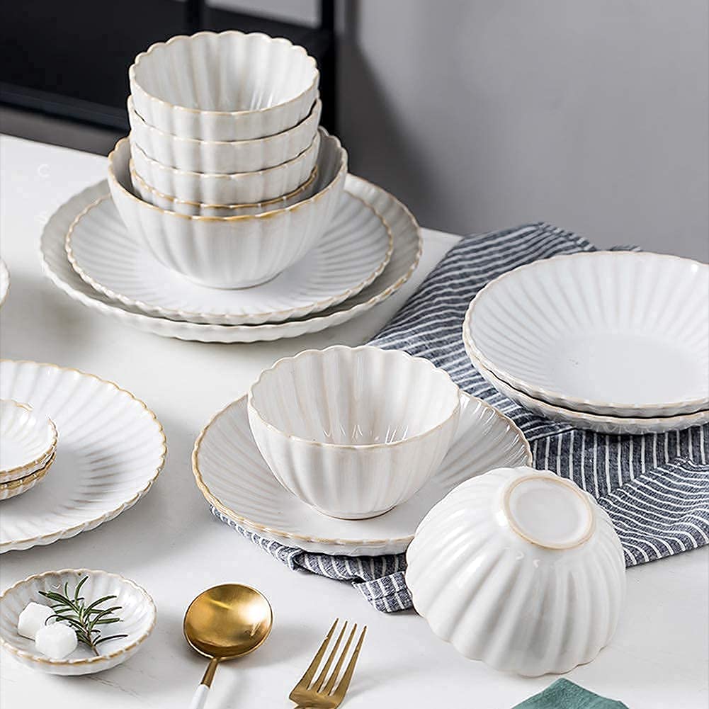 Service de Table en céramique avec Assiettes, Bols et Assiettes, 41 pièces, Style Japonais, avec Bordure en Relief de chrysanthèmes, Bol, Service de Table(