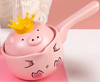 FZYE Cazuela de Cerdo Rosa con Tapa, Olla de cerámica de Gas para el hogar, Olla de Leche con Mango Largo, Utensilios de Cocina, Color Rosa, 1000 ml