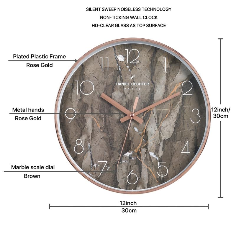 Image of Daniel Hechter Paris Moselle Collection Wall Clock, Silent Sweep Non-Ticking, 12 inch(30cm) HD Glass Brown Marble Dial, Rose Gold Plastic Frame, Modern Decorative Clock for Home & Office - DHCL1003