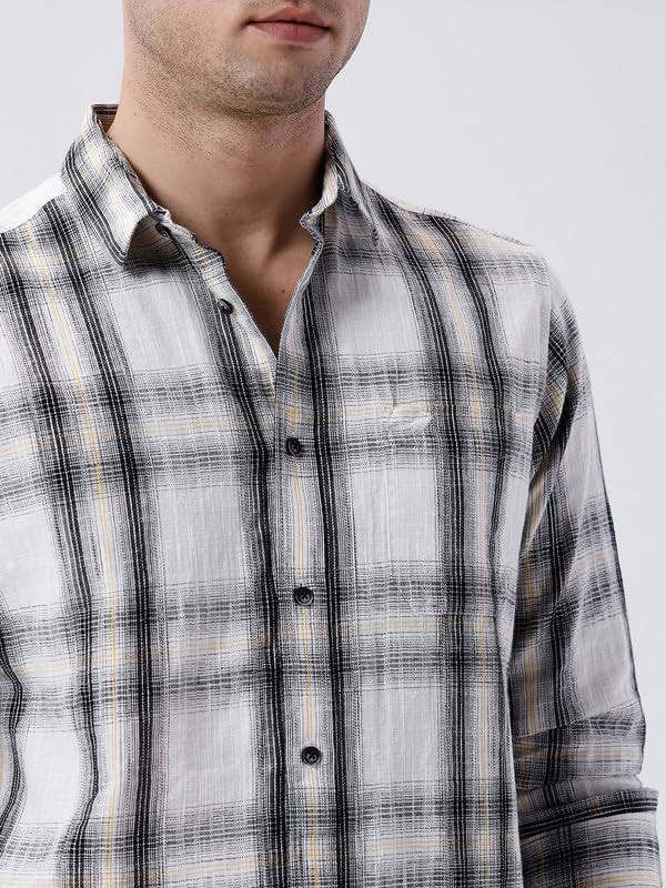 Image of CROCODILE Men Checkered Cotton Casual Shirt | Comfort Fit | Full Sleeve | Button Down White