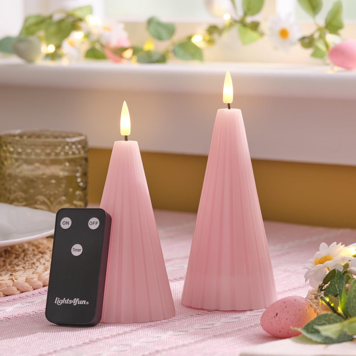 Lights4fun Pink Truglow® Blush Fluted Cone Led Pillar Candle Duo With Remote Control, Real Wax Flameless Candles For Dining Tables, Home Styling & Wedding Décor