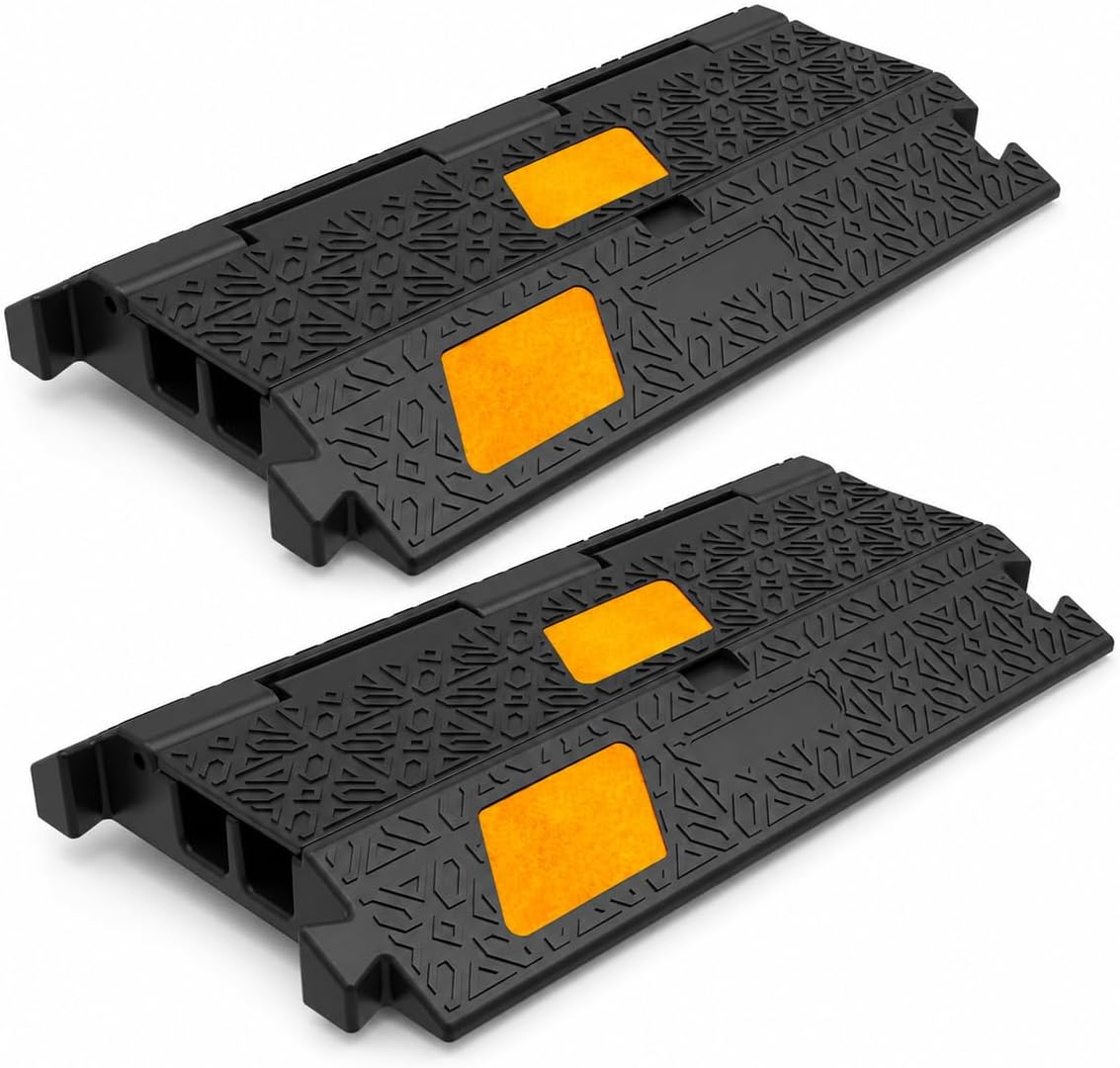 2 Pack 17” 2-Channel Rubber Cable Ramp Protector – Heavy Duty 20000lbs Load, Cord & Wire Cover Speed Bump with 3 Yellow Reflective Stripes for Driveway, Garage, Outdoor & Indoor Use