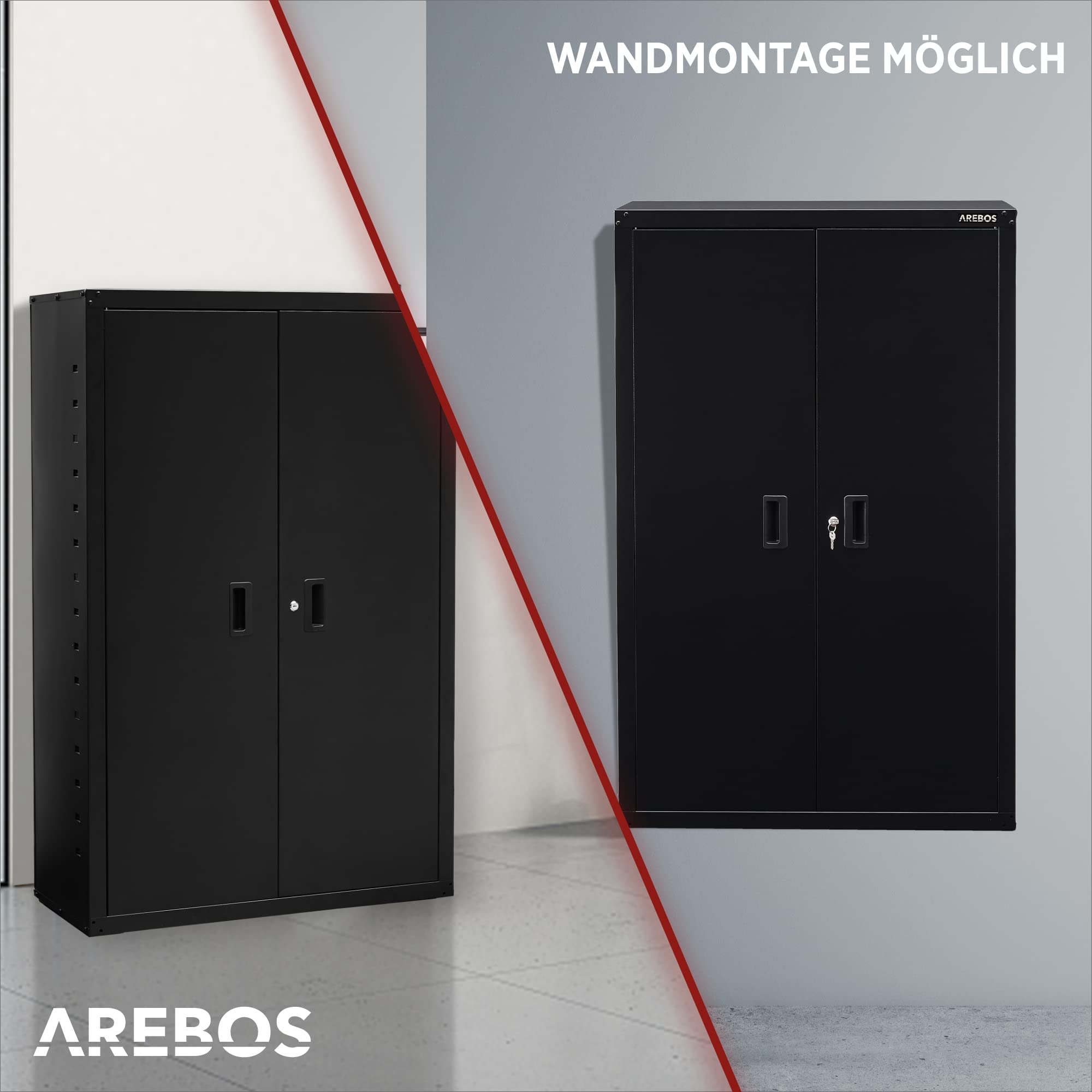 Arebos Aktenschrank | Büroschrank | 140 x 90 x 40 | 2 Türen | mit 3 Höhenverstellbaren Einlegeböden | mit Zylinderschloss | Schwarz