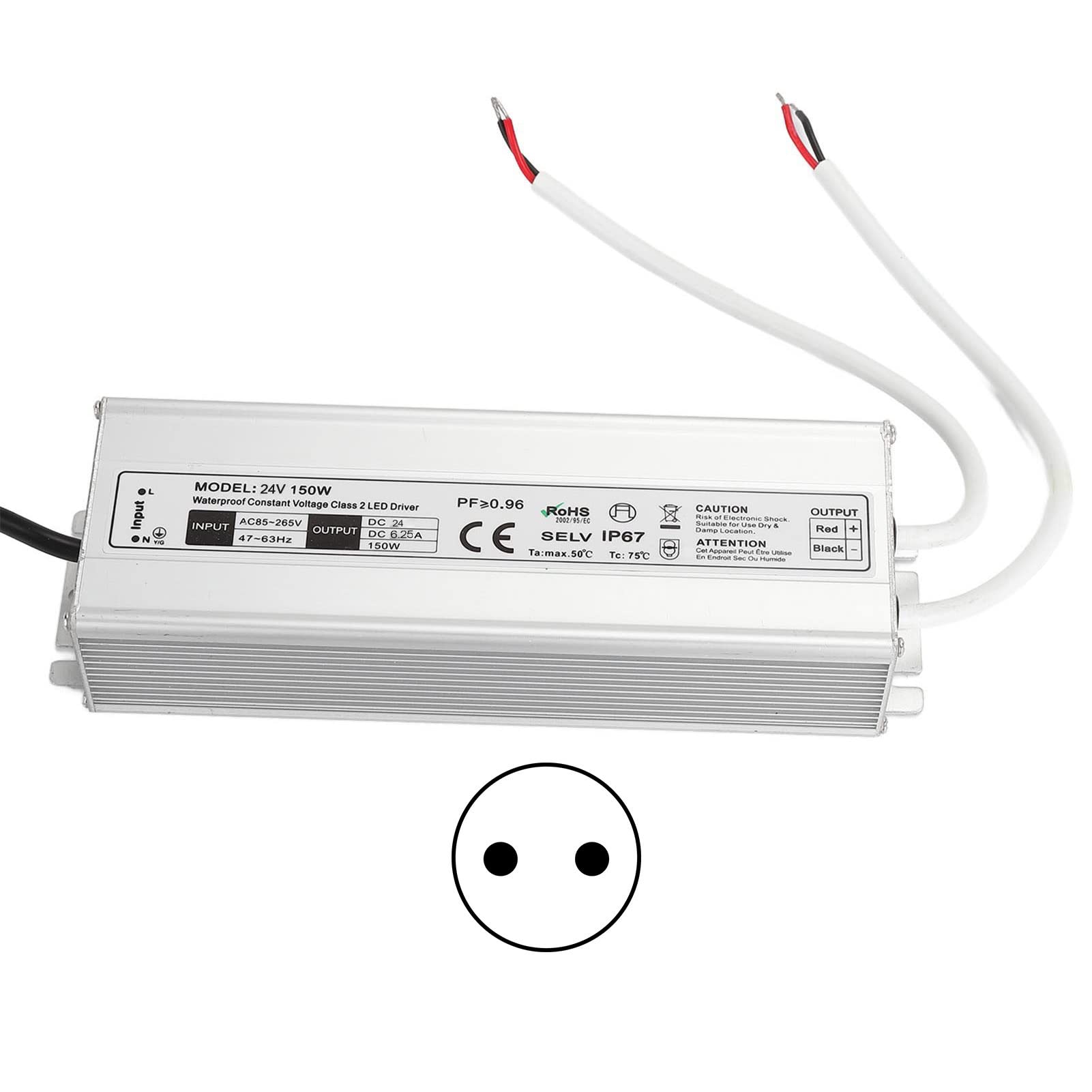 Driver LED 150W 12V/24V Impermeabile IP67 Trasformatore LED Alimentatore LED da 85~265V AC a 12V/24V DC Uscita a bassa tensione per luce LED, Computer Project, Industrial, Luce esterna(Spine UE-24V)